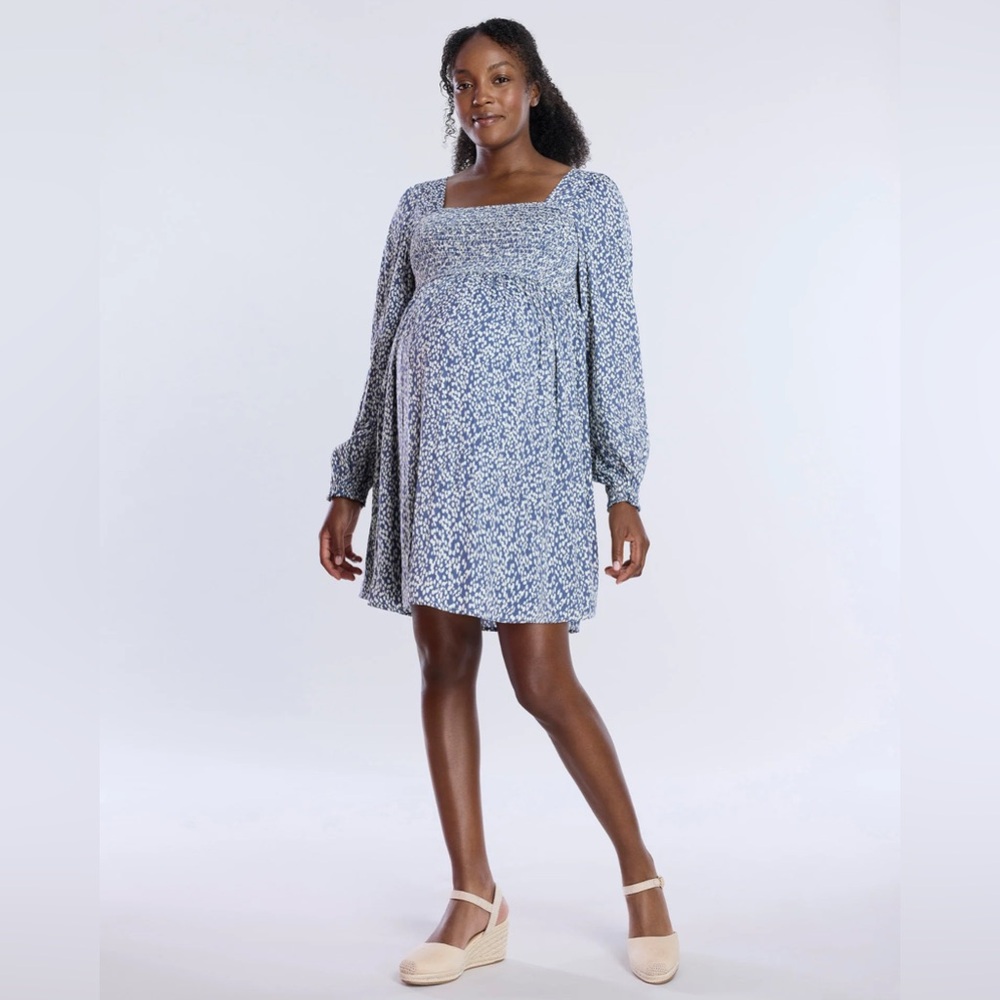 Motherhood Blue indigo animal print long sleeves Maternity Dress size XS NEW